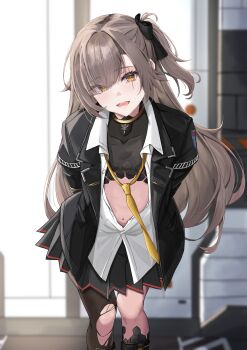 1girl absurdres arms_behind_back black_jacket brown_hair collared_shirt girls&#039;_frontline girls&#039;_frontline_2:_exilium highres jacket leaning_forward leva_(girls&#039;_frontline_2) long_hair looking_at_viewer navel necktie one_side_up open_clothes partial_bodysuit partially_unbuttoned pleated_skirt satsumaagee scar scar_across_eye scar_on_face shirt skirt smile solo ump45_(girls&#039;_frontline) white_shirt yellow_eyes yellow_necktie