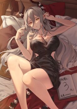 1girl absurdres bed bed_sheet black_bra black_dress black_horns book bra breasts chest_tattoo cleavage commentary_request demon_girl demon_horns demon_tail dress grey_hair hair_between_eyes hair_intakes hair_spread_out hands_up heterochromia highres horns illian-san itsuki_(meridian_project) jewelry knee_up lace lace-trimmed_bra lace_trim large_breasts legs long_hair long_hair_between_eyes looking_at_viewer lying meridian_project nail_polish necklace on_back on_bed open_book parted_lips pillow pointy_ears red_eyes red_nails sidelocks sleeveless sleeveless_dress solo spaghetti_strap tail tattoo thighs underwear very_long_hair virtual_youtuber yellow_eyes