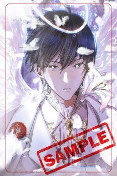 1boy angel black_eyes black_hair border brooch cloak collared_shirt commentary falling_feathers feathered_wings feathers flower_pin frills halo hood hood_down hooded_cloak jewelry kim_dokja looking_at_viewer male_focus omniscient_reader&#039;s_viewpoint parted_lips red_border shirt short_hair solo sparkling_eyes symbol-only_commentary toupou39 upper_body vest white_lily white_shirt white_vest white_wings wings