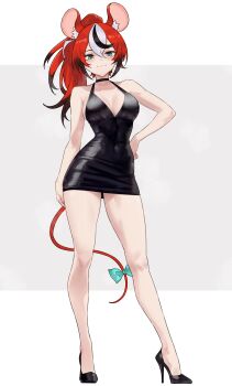 1girl absurdres animal_ears black_dress black_hair blue_eyes bluefield blush bow breasts cleavage commentary dress english_commentary hakos_baelz highres hololive hololive_english long_hair looking_at_viewer medium_breasts mouse_ears mouse_girl mouse_tail multicolored_hair red_hair sleeveless sleeveless_dress smile solo streaked_hair tail tail_bow tail_ornament virtual_youtuber white_hair