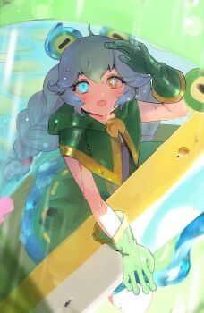 Rule 34 | 1girl, :d, aqua eyes, aqua hair, braid, capelet, commentary, cross-shaped pupils, dress, english commentary, gloves, green capelet, green dress, green gloves, gwen (league of legends), hashtag-only commentary, heterochromia, highres, hood, hooded capelet, kneeling, league of legends, lily pad, long hair, mismatched pupils, open mouth, orange eyes, rain shepherd gwen, shading eyes, shi to, smile, solo, symbol-only commentary, symbol-shaped pupils, twin braids