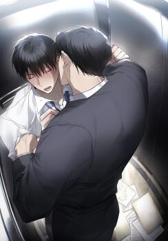 Rule 34 | 2boys, black coat, black hair, blush, closed eyes, coat, collared shirt, formal clothes, hand on another's shoulder, highres, kim dokja, kiss, male focus, multiple boys, omniscient reader's viewpoint, open mouth, paper, shirt, short hair, sweatdrop, tanppopo9, white shirt, yaoi, yoo joonghyuk