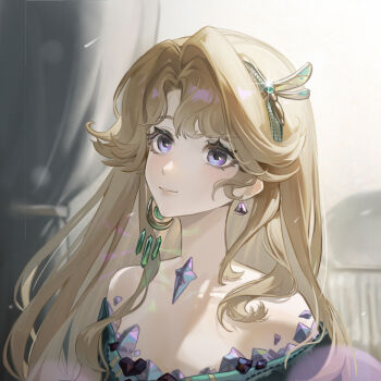 Rule 34 | 1girl, bare shoulders, beryl bouanich, blonde hair, blue eyes, blurry, blurry background, commentary request, crescent, crescent earrings, crystal earrings, curtains, dragonfly hair ornament, earrings, floating earrings, jewelry, long hair, looking up, mismatched earrings, off shoulder, portrait, qingyi jiang, reverse:1999, sky, smile, solo, white sky