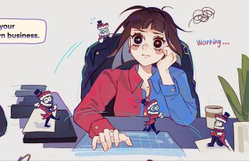 Rule 34 | 1boy, 1girl, alternate costume, black eyes, blue eyes, blue pupils, blue shirt, brown hair, clone, closed mouth, coffee, cropped, cup, disposable coffee cup, disposable cup, elbow rest, english text, green eyes, grey background, hand on own face, heterochromia, highres, humanization, long sleeves, looking at viewer, medium hair, mini person, miniboy, mismatched pupils, motion lines, paper, plant, pomni (the amazing digital circus), red pupils, red shirt, running, shirt, simple background, sitting, solo focus, the amazing digital circus, two-tone shirt, upper body, xiaowu nora