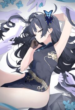 1girl absurdres arm_behind_head armpits black_dress black_gloves black_hair blue_archive butterfly_hair_ornament china_dress chinese_clothes dragon_print dress gloves grey_eyes hair_ornament highres jacket k2_(jack_lin) kisaki_(blue_archive) long_hair looking_at_viewer lying no_halo on_back sleeveless sleeveless_dress solo unworn_jacket