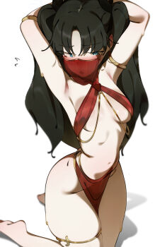 1girl absurdres armlet armpits arms_behind_head arms_up bare_shoulders belly_chain black_hair blue_eyes blush breasts deko_morii fate/stay_night fate_(series) hair_ribbon halterneck harem_outfit highres jewelry long_hair looking_at_viewer mouth_veil navel open_mouth pelvic_curtain ribbon small_breasts solo stomach thighlet thighs tohsaka_rin two_side_up veil