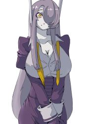 Rule 34 | 1girl, breasts, cleavage, genderswap, genderswap (mtf), gloves, grey shirt, hair over one eye, high-waist skirt, highres, humanization, jacket, jiatang, large breasts, long hair, mole, mole under mouth, one eye covered, pale skin, purple gloves, purple hair, purple jacket, purple skirt, robot ears, shirt, shockwave (transformers), skirt, solo, surprised, transformers, very long hair, white background, wide-eyed, yellow eyes
