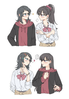 2girls bang_dream! bang_dream!_it&#039;s_mygo!!!!! black_hair black_jacket blue_eyes blush bracelet brown_cardigan cardigan cardigan_around_waist closed_mouth clothes_around_waist cosplay costume_switch criangle_k. dress_shirt gyaru heart highres hood hood_down hoodie jacket jewelry long_hair long_sleeves looking_at_another medium_hair mole mole_under_eye multiple_girls open_clothes open_jacket ponytail purple_eyes red_hoodie school_uniform shiina_taki shirt simple_background sweatdrop three-quarter_sleeves white_background white_shirt yahata_umiri yuri