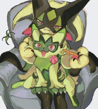 2others :d animal_hands black_fur body_fur brushing_hair chair claws fang floragato furry green_fur green_hair half-closed_eyes hashtag-only_commentary highres looking_at_another looking_at_viewer mask meowscarada multiple_others nintendo oisisabatugun on_chair open_mouth other_focus pawpads pink_eyes pokemon pokemon_(creature) short_hair simple_background sitting smile two-tone_fur upper_body white_background