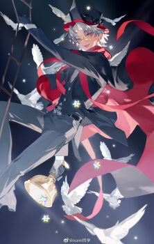 1boy :d absurdres amakusa_shirou_(fate) amakusa_shirou_(phantom_thief)_(fate) arm_at_side belt bird black_belt black_cape black_gloves black_hat black_jacket black_pants black_shoes black_suit black_vest brown_eyes cape chalice chinese_commentary commentary_request cross cross_earrings cup curtained_hair dark-skinned_male dark_skin dove dress_pants earrings fate/grand_order fate_(series) foot_out_of_frame formal_clothes gloves hat highres holding holding_cup holy_grail_(fate) jacket jewelry key key_necklace long_sleeves looking_at_viewer looking_to_the_side male_focus mask_on_hat monocle necklace nomi_tongxue on_ladder open_clothes open_jacket open_mouth pants parted_bangs phantom_thief red_cape red_scarf rope_ladder saint_quartz_(fate) scarf shirt shoes short_hair smile solo stole suit suit_jacket top_hat two-sided_cape two-sided_fabric vest watermark weibo_watermark white_hair white_shirt