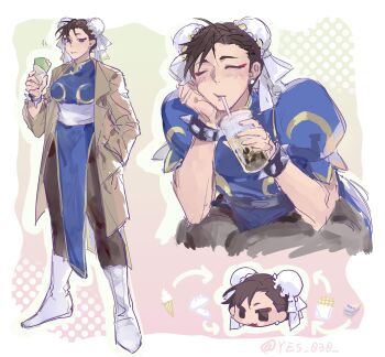 1girl artist_name black_hair black_pantyhose blue_dress boots bracelet brown_coat bun_cover capcom chibi china_dress chinese_clothes chinese_commentary chun-li closed_eyes coat commentary cup disposable_cup double_bun dress drinking drinking_straw eating eyeliner food full_body hair_bun hand_in_pocket highres holding holding_cup holding_food ice_cream jewelry makeup multiple_views pantyhose sash sitting spiked_bracelet spikes standing street_fighter white_boots white_sash yes_030