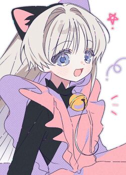 1girl :d animal_ears apron bell black_shirt blue_eyes blush cat_ears cat_girl grey_hair grey_outline jingle_bell long_hair long_sleeves neck_bell open_mouth original outline red_apron shirt simple_background smile solo upper_body white_background yalmyu