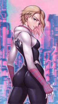 ass blonde_hair bodysuit breasts eyebrow_piercing face_piercing gwen_stacy highres hood hooded_bodysuit marvel medium_breasts medium_hair multicolored_bodysuit piercing skin_tight skylock spider-gwen spider-man:_across_the_spider-verse spider-man:_into_the_spider-verse spider-man_(series) spider-verse spider_web_print superhero_costume two-tone_bodysuit