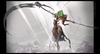 absurdres black_leotard chain creature death fantasy gold_chain golden_reggie green_hair hat highres holding holding_scythe jester jester_cap jester_costume leotard light_rays medium_hair monster original scythe thighhighs tiptoes torn_clothes touhou white_thighhighs