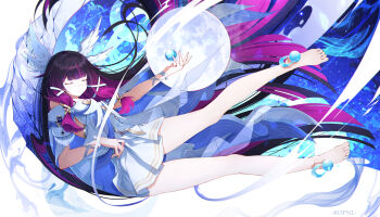 1girl absurdres bare_legs barefoot black_hair blunt_bangs closed_eyes closed_mouth columbina_(genshin_impact) commentary_request dress feathered_wings genshin_impact gradient_hair hair_ornament hair_ribbon head_wings highres long_hair multicolored_hair pink_hair ribbon sidelocks smile solo tiandingfengren very_long_hair white_dress white_mask white_ribbon white_wings wings wrist_ribbon