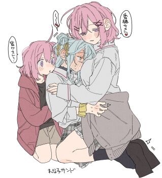 3girls aged_down amaori_renako ashigaya_high_school_uniform between_breasts black_shirt blue_hair blush breasts brown_shorts clothes_around_waist commentary_request dayama ear_blush face_between_breasts full-face_blush grey_skirt grey_sweater hair_bun hair_ribbon head_between_breasts highres koyanagi_kaho medium_hair multiple_girls parted_lips pink_hair plaid_clothes plaid_skirt pleated_skirt purple_eyes ribbon school_uniform shirt shorts simple_background single_side_bun sitting sitting_on_lap sitting_on_person skirt speech_bubble sweater sweater_around_waist time_paradox translation_request watashi_ga_koibito_ni_nareru_wake_naijan_murimuri! white_background white_shirt yellow_ribbon yuri