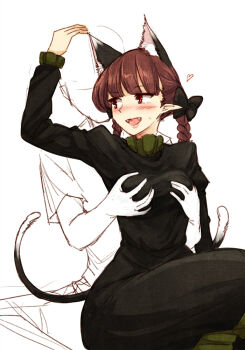 1boy 1girl animal_ears black_bow black_dress blush bow braid breasts cat_ears cat_girl cat_tail collar curvy dress faceless faceless_male fangs grabbing_another's_breast grabbing_from_behind green_collar groping hair_bow hand_on_another's_head heart hetero kaenbyou_rin long_sleeves multiple_tails open_mouth red_eyes red_hair sketch tail thick_thighs thighs touhou twin_braids two_tails urin wide_hips