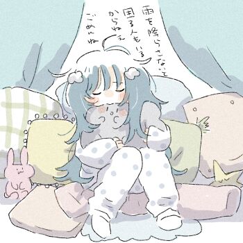 1girl :3 :o ahoge bedroom blanket blue_hair blush closed_eyes closed_mouth facing_viewer hair_ornament highres hugging_object long_hair long_sleeves nana163i original pajamas pants patterned pillow pillow_hug polka_dot polka_dot_pajamas sitting sleepy sleeves_past_wrists socks solo stuffed_animal stuffed_rabbit stuffed_toy translation_request white_pajamas white_pants white_socks