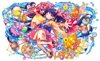 ahoge animal_print anime_coloring anklet aqua_bag aqua_bow aqua_eyes artist_request back_bow bag bare_legs beads black_horns black_sandals blue_bow blue_dress blue_eyes blue_outline blue_sash blunt_bangs blush bow bracelet breasts character_ornament closed_mouth crash_fever dax_(crash_fever) drawstring drawstring_bag dress earrings electropod fish fish_print floral_print floral_print_bow floral_print_kimono floral_print_sleeves forneus_(crash_fever) frilled_bow frills full_body game_cg gold_bracelet hair_bow hairband holding holding_bag hoop_skirt horns japanese_clothes jerry_(crash_fever) jewelry kimono kimono_dress kinchaku large_bow light_particles long_hair looking_at_object marble no_socks number_print numbered obi obijime official_art okobo open_hand outline outstretched_arms parted_lips pink_skirt platform_sandals pouch print_kimono red_bow red_hairband red_outline sandals sash sharp_teeth short_kimono skirt small_breasts smile solo sparkle spread_arms square square_print star_(symbol) straight_hair summer_festival tachi-e teeth third-party_source three-quarter_sleeves toes transparent_background two-tone_sandals very_long_hair water_drop wide_sleeves yellow_kimono yellow_sleeves