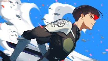 1boy 8083_blue black_hair blue_sky bodysuit closed_mouth cloud commentary day from_side hoshina_soshiro kaijuu_no._8 male_focus outdoors red_eyes short_hair sideburns sky solo upper_body