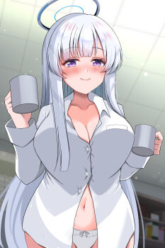 1girl absurdres blue_archive blush breasts cleavage closed_mouth collarbone collared_shirt commentary_request cup halo highres holding holding_cup hoshimi_0 large_breasts long_hair looking_at_viewer mechanical_halo navel noa_(blue_archive) panties partially_unbuttoned purple_eyes shirt smile solo stomach underwear very_long_hair white_hair white_panties white_shirt
