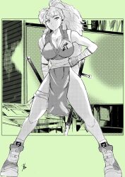 Rule 34 | 1girl, bandaged arm, bandages, bare shoulders, breasts, capcom vs snk 2, cleavage, clenched hand, collarbone, final fight 2, full body, genryuusai maki, greyscale, hand on own hip, high ponytail, highres, hiroshi mono, holding, holding weapon, japanese clothes, long hair, looking at viewer, medium breasts, monochrome, ninja, pelvic curtain, ponytail, shoes, signature, sleeveless, sneakers, solo, street fighter, thigh strap, thighs, tonfa, weapon