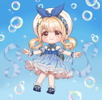 1girl alientomoe blonde_hair blue_background blue_bow blue_bowtie blue_dress blue_shoes bow bow_hairband bowtie bubble bubbly_voyage_(infinity_nikki) chibi dress frilled_socks frilled_wrist_cuffs frills full_body hair_ornament hair_rings hairband hat highres infinity_nikki looking_at_viewer nikki_(series) off-shoulder_dress off_shoulder orange_eyes shoes short_sleeves smile socks solo star_(symbol) star_hair_ornament white_hat white_socks wrist_cuffs