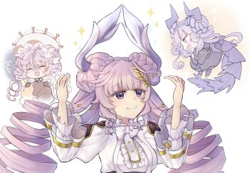 Rule 34 | 3girls, angel, angel and devil, angel wings, angello vaalmonica, black bow, black dress, black gloves, blush, bow, braid, breasts, closed eyes, closed mouth, commentary request, demon girl, demon horns, demon wings, dimonno vaalmonica, double bun, dress, duel monster, gloves, hair bun, highres, horns, long hair, long sleeves, looking at another, multiple girls, open mouth, purple eyes, purple hair, selettrice vaalmonica, shinanono, short sleeves, simple background, smile, thighs, twin braids, upper body, varar vaalmonican concord, white background, white dress, white gloves, wings, yu-gi-oh!