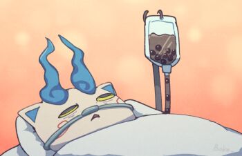 1other :&lt; artist_name bags_under_eyes bed blanket boke-chan bubble_tea colored_sclera furry green_sclera grey_eyes half-closed_eyes intravenous_drip komasan looking_up lying nasal_cannula on_back open_mouth orange_background other_focus pillow rolling_eyes signature simple_background solo under_covers what youkai_watch