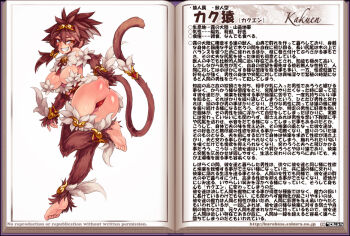 1girl animal_ears anklet ass bare_shoulders barefoot blush bracelet breasts brown_hair character_profile corset female_focus fur gold grabbing_own_ass grabbing_own_breast grin hair_ornament hairy hanging_breasts headband jewelry kakuen_(monster_girl_encyclopedia) kenkou_cross large_breasts looking_at_viewer monkey monkey_ears monkey_girl monkey_tail monster_girl monster_girl_encyclopedia monster_girl_encyclopedia_ii official_art ponytail sagging_breasts slit_pupils smile smirk solo tail tail_ornament thighs thong translation_request yellow_eyes
