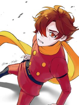 Rule 34 | 1boy, belt, black belt, black boots, boots, brown hair, cm ooa, coat, cyborg, cyborg 009, dynamic pose, hair over one eye, highres, looking at viewer, military uniform, pants, red coat, red eyes, red pants, scarf, shimamura joe, short hair, soldier, upper body, wind, yellow scarf