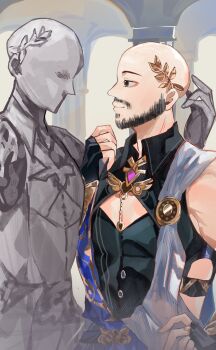 1boy absurdres bald bare_shoulders black_eyes black_gloves black_shirt buttons center_opening collared_shirt cosplay dr._ratio_(honkai:_star_rail) dr._ratio_(honkai:_star_rail)_(cosplay) facial_hair fingerless_gloves gloves greco-roman_clothes hand_on_own_hip highres honkai:_star_rail honkai_(series) jordan_paul_haro kanako_(fuwachu) laurel_crown looking_at_another male_focus muscular muscular_male shirt smile statue toga voice_actor_connection