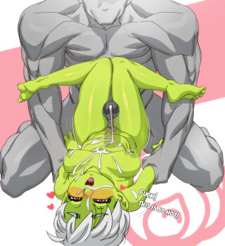 1boy 1girl absurdres breasts cheelai colored_skin completely_nude cum cum_on_body cum_on_breasts cum_on_stomach cum_on_upper_body dragon_ball dragon_ball_super dragon_ball_super_broly facial female_pubic_hair full_body green_skin grey_skin head_back highres holding_another&#039;s_wrist large_breasts legs_up lying mlix nipples nude on_back open_mouth pink_background pubic_hair purple_eyes rolling_eyes short_hair solo_focus thigh_sex trembling white_background white_hair