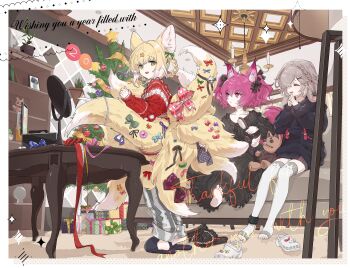 3girls absurdres alternate_costume animal_ear_fluff animal_ears arknights black_dress blonde_hair box braid brushing_tail christmas christmas_present christmas_tree closed_eyes colored_tips commentary dal-gi dress fox_ears fox_girl fox_tail gift gift_box green_eyes grey_hair hair_ornament highres holding holding_brush infection_monitor_(arknights) kitsune korean_commentary kyuubi long_sleeves merry_christmas morte_(arknights) multicolored_hair multiple_girls multiple_tails open_mouth parted_lips popukar_(arknights) puffy_long_sleeves puffy_sleeves purple_hair rabbit_ears rabbit_girl red_eyes red_sweater sandals shamare_(arknights) sitting slippers soles standing stuffed_toy stuffed_wolf suzuran_(arknights) sweater tail thighhighs toes twin_braids two-tone_hair white_hair white_sandals white_thighhighs x_hair_ornament