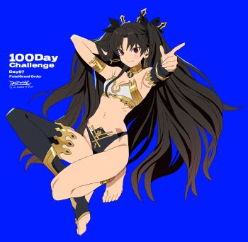 Rule 34 | 1girl, arm warmers, armlet, asymmetrical legwear, asymmetrical sleeves, barefoot, betti (xx betti), black bow, black hair, blue background, bow, detached sleeves, earrings, fate/grand order, fate (series), hair bow, highres, hoop earrings, ishtar (fate), jewelry, neck ring, red eyes, simple background, single arm warmer, single detached sleeve, single thighhigh, solo, thighhighs, tiara, toeless legwear, two side up, uneven legwear, uneven sleeves