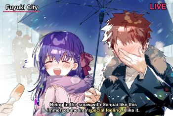 1boy 1girl absurdres black_jacket blush closed_eyes couple covered_face covering_face embarrassed emiya_shirou facepalm fate/stay_night fate_(series) fur-trimmed_jacket fur_trim hair_ribbon highres holding holding_microphone holding_umbrella interview jacket matou_sakura meme microphone mittens news open_mouth orange_hair parody purple_hair red_ribbon ribbon scarf shared_umbrella side-by-side smile snow snowing special_feeling_(meme) subtitled umbrella winter_clothes yakksan
