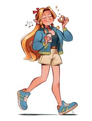 Rule 34 | 1girl, belt, blush, brown belt, chewing, closed eyes, coffee cup, contemporary, cup, disposable cup, doughnut, dungeon meshi, earbuds, earphones, eating, food, food bite, friedbaens, highres, jacket, long hair, long sleeves, marcille donato, musical note, open clothes, open jacket, shoes, shorts, smile, sneakers, solo, very long hair, walking, white shorts