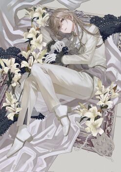 Rule 34 | 1boy, ascot, bed sheet, black sleeves, blue eyes, brooch, brown hair, collared shirt, doily, doku kobuko, ear chain, earclip, earrings, fetal position, flower, frilled sleeves, frills, full body, gem, gloves, grey sash, hair between eyes, hair ornament, head on arm, head rest, highres, jacket, jewelry, kanae (16th costume) (nijisanji), kanae (nijisanji), knee up, leaf hair ornament, lily (flower), linked piercing, long hair, long sleeves, looking at viewer, lying, male focus, mole, mole under eye, multiple rings, nijisanji, official alternate costume, on side, pants, parted lips, pearl (gemstone), picture frame, piercing, ring, shirt, shoes, solo, thumb ring, virtual youtuber, white ascot, white flower, white gloves, white jacket, white lily, white pants, white shirt, white shoes