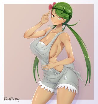 bare_shoulders breasts dark-skinned_female dark_skin dufreyjupiter flower green_eyes green_hair hair_flower hair_ornament large_breasts long_hair mallow_(pokemon) naked_overalls nintendo overall_shorts overalls pokemon pokemon_sm sideboob sleeveless twintails very_long_hair