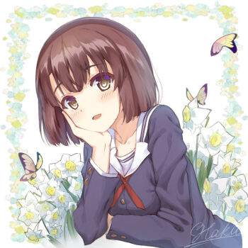 1girl :d bad_id bad_pixiv_id black_shirt blunt_bangs blunt_ends blush bob_cut brown_eyes brown_hair bug butterfly collarbone flower haku89 hand_on_own_cheek hand_on_own_face hand_up insect katou_megumi long_sleeves looking_at_viewer open_mouth red_ribbon ribbon saenai_heroine_no_sodatekata sailor_collar sailor_shirt school_uniform serafuku shirt signature simple_background smile solo straight_hair upper_body white_background white_flower white_sailor_collar yellow_butterfly