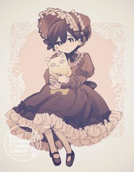 1boy alternate_costume big_yellow_cat_(omori) black_eyes black_hair black_shoes bright_pupils character_doll closed_mouth commentary crossdressing crossdressing_(mtf) doll double-parted_bangs english_commentary full_body hair_between_eyes harumiya_ut holding holding_stuffed_toy invisible_chair long_sleeves looking_at_viewer male_focus omori shoes short_hair simple_background sitting socks solo stuffed_animal stuffed_toy sunny_(omori) twitter_username watermark white_pupils white_socks