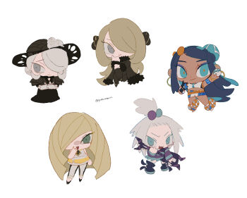 5girls armlet bass_guitar belly_chain bikini black_coat black_dress black_hat black_leggings blonde_hair blue_eyes blue_eyeshadow blue_hair boots chibi chibi_only coat cogita_(pokemon) commentary_request crop_top cynthia_(pokemon) dark-skinned_female dark_skin diamond_(shape) dive_ball dress dynamax_band earrings eyeshadow flower fur-trimmed_coat fur-trimmed_sleeves fur_collar fur_trim gem gloves green_eyes green_gem grey_eyes hair_bobbles hair_bun hair_ornament hair_over_one_eye hat hat_flower highres holding holding_instrument holding_poke_ball hoop_earrings instrument jewelry leggings long_hair looking_at_viewer lusamine_(pokemon) makeup mature_eyes mature_female multicolored_hair multicolored_hair_bobbles multicolored_leggings multiple_girls navel nessa_(pokemon) nintendo open_mouth poke_ball pokemon pokemon_bw2 pokemon_legends:_arceus pokemon_sm pokemon_swsh roxie_(pokemon) sandals sara_(yeahx2wowx2) short_hair simple_background single_glove single_hair_bun sleeveless sleeveless_dress smile striped_clothes striped_dress sun_hat swimsuit tankini topknot twitter_username two-tone_dress two-tone_hair two-tone_leggings very_long_hair white_background white_dress white_gloves white_hair white_leggings