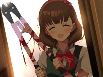 backlighting bolt_cutters brown_hair closed_eyes commentary_request doorway green_vest hairband highres holding_tool idolmaster idolmaster_cinderella_girls light_blush medium_hair nanananananasea neck_ribbon open_mouth pink_hairband red_ribbon ribbon sakuma_mayu shirt smile solo static vest white_shirt yandere