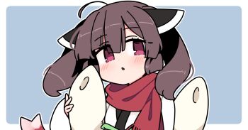 1girl ahoge blue_background blush border brown_hair dot_nose hair_between_eyes headgear ini_(inunabe00) japanese_clothes kimono kiritanpo_(food) looking_at_viewer medium_hair open_mouth outline outside_border red_eyes red_scarf scarf simple_background solo touhoku_kiritan twintails upper_body voiceroid white_border white_kimono white_outline