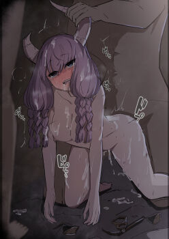 1girl 2boys absurdres aura_(sousou_no_frieren) bent_over blue_eyes blush braid breasts broken_horn collarbone completely_nude crying crying_with_eyes_open cum cum_drool cum_on_ass cum_on_body cum_on_breasts cum_on_floor cum_on_hair cum_on_legs cum_on_upper_body cumdrip dangling_arms demon_girl demon_horns dot_nose drooling empty_eyes eyebrows eyelashes feet_out_of_frame full-face_blush hetero highres horn_grab horns interspecies kneeling long_hair looking_afar low_twin_braids mind_break multiple_boys nipples nude open_mouth pink_hair rape sex sex_from_behind shiwashiseika small_breasts solo_focus sousou_no_frieren tears teeth tongue twin_braids upper_teeth_only vaginal