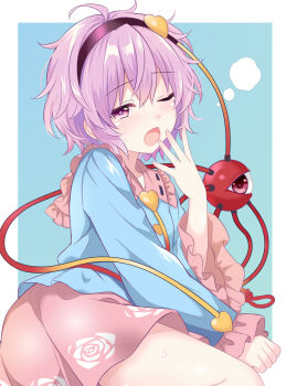 1girl black_hairband blue_shirt buttons collared_shirt commentary_request eyeball floral_print frilled_shirt_collar frilled_sleeves frills hair_ornament hairband heart heart_button heart_hair_ornament komeiji_satori long_sleeves looking_at_viewer one_eye_closed open_mouth pink_eyes pink_hair pink_skirt print_skirt ribbon-trimmed_collar ribbon_trim rose_print shirt skirt sleepy solo tanaka_shoushou_fumimaro third_eye touhou wide_sleeves yawning