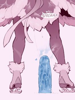 1girl after_anal dildo fur_trim green_(greeniris) highres ice_skates league_of_legends lower_body sex_toy simple_background skates standing thighhighs white_background zeri_(league_of_legends)