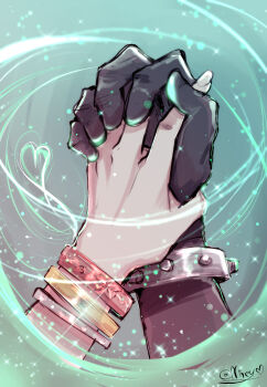 1boy 1girl aerith_gainsborough armored_gloves artist_name bangle black_gloves bracelet cloud_strife couple final_fantasy final_fantasy_vii final_fantasy_vii_rebirth final_fantasy_vii_remake gloves green_background hand_focus herzloserengel hetero highres holding_hands interlocked_fingers jewelry lifestream silver_bangle sketch twitter_username
