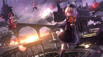 Rule 34 | 3girls, :o, architecture, black hat, black skirt, black socks, black vest, blonde hair, boots, bridge, brown boots, brown hair, cloud, commentary request, duplicate, floating city, flower, flying, hat, highres, horizon, instrument, keyboard (instrument), long sleeves, looking at viewer, lunasa prismriver, lyrica prismriver, medium skirt, merlin prismriver, multiple girls, music, one eye closed, outdoors, parted lips, pink hat, pink shirt, pink skirt, pixel-perfect duplicate, playing instrument, purple eyes, red eyes, red flower, red hat, red rose, red skirt, red vest, rose, ryosios, scenery, shirt, short hair, siblings, sisters, skirt, sky, socks, sunset, touhou, trumpet, twilight, vest, violin, white shirt