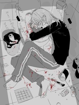 1girl 3kento84199 barefoot bathroom black_shirt blood blood_on_clothes blood_on_ground blood_splatter blood_stain bottle boxcutter can closed_eyes crying curled_up drink_can drugs flustered full_body greyscale highres monochrome multiple_scars open_door open_mouth original pants pill pill_bottle scar scar_on_arm shirt sleeves_rolled_up solo striped_clothes striped_pants toilet toilet_paper translation_request trash_can wrist_cutting